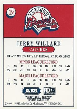 1993 Bleacher Bums Richmond Braves #19 Jerry Willard Back