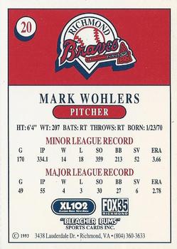 1993 Bleacher Bums Richmond Braves #20 Mark Wohlers Back