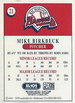 1993 Bleacher Bums Richmond Braves #21 Mike Birkbeck Back