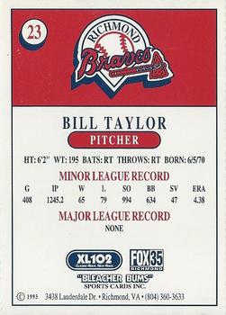 1993 Bleacher Bums Richmond Braves #23 Bill Taylor Back
