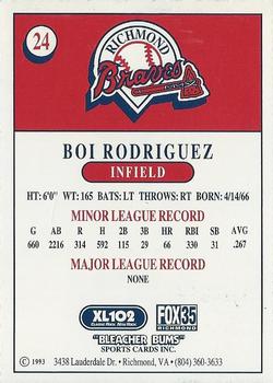 1993 Bleacher Bums Richmond Braves #24 Boi Rodriguez Back