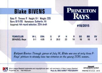 2015 Grandstand Princeton Rays #NNO Blake Bivens Back
