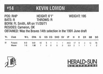 1992 Herald-Sun Durham Bulls #NNO Kevin Lomon Back