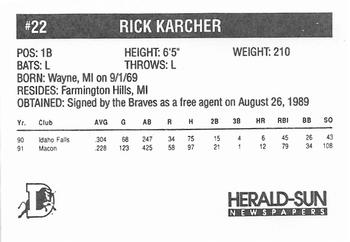 1992 Herald-Sun Durham Bulls #NNO Rick Karcher Back