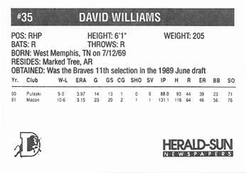 1992 Herald-Sun Durham Bulls #NNO David Williams Back