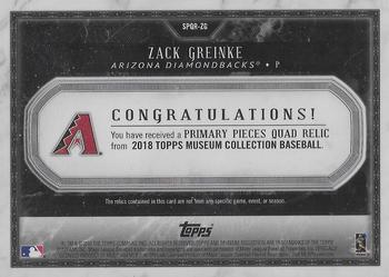 2018 Topps Museum Collection - Primary Pieces Quad Relics (Single Player) Copper #SPQR-ZG Zack Greinke Back