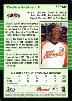 2005 Bowman Draft Picks & Prospects - Futures Game Jersey Relics #BDP132 Merkin Valdez Back