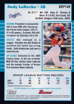 2005 Bowman Draft Picks & Prospects - Futures Game Jersey Relics #BDP140 Andy LaRoche Back