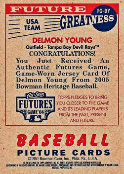 2005 Bowman Heritage - Future Greatness Jersey Relics #FG-DY Delmon Young Back