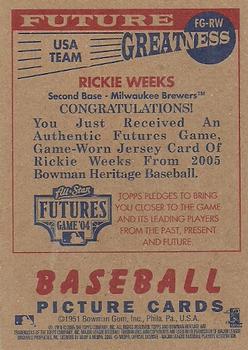 2005 Bowman Heritage - Future Greatness Jersey Relics #FG-RW Rickie Weeks Back