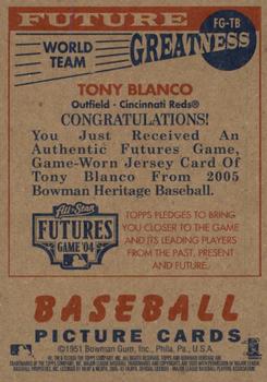 2005 Bowman Heritage - Future Greatness Jersey Relics #FG-TB Tony Blanco Back