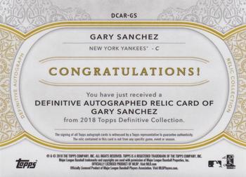 2018 Topps Definitive Collection - Definitive Autograph Relic Collection Purple #DCAR-GS Gary Sanchez Back