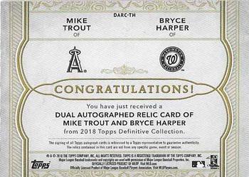2018 Topps Definitive Collection - Dual Autograph Relic Collection #DARC-TH Bryce Harper / Mike Trout Back