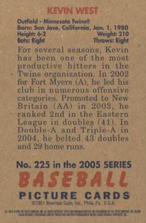 2005 Bowman Heritage - Mini #225 Kevin West Back