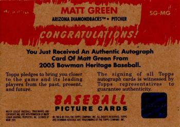 2005 Bowman Heritage - Signs of Greatness #SG-MG Matt Green Back