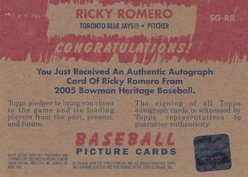 2005 Bowman Heritage - Signs of Greatness #SG-RR Ricky Romero Back