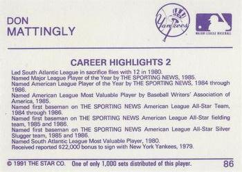 1991 Star Platinum #86 Don Mattingly Back