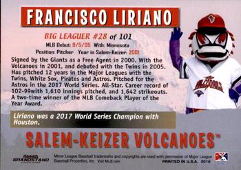 2018 Grandstand Salem-Keizer Volcanoes 20 Years of Success #28 Francisco Liriano Back