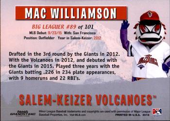 2018 Grandstand Salem-Keizer Volcanoes 20 Years of Success #89 Mac Williamson Back