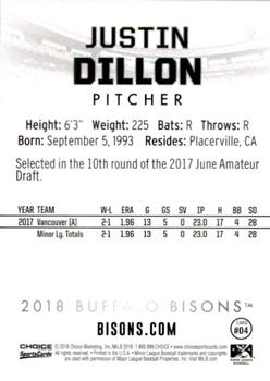 2018 Choice Buffalo Bisons #04 Justin Dillon Back