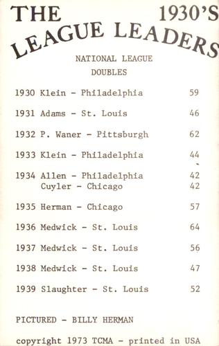 1973 TCMA The 1930's League Leaders #NNO Billy Herman Back