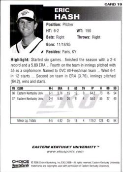 2008 Choice Eastern Kentucky Colonels #19 Eric Hash Back