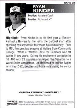 2008 Choice Eastern Kentucky Colonels #22 Ryan Kinder Back