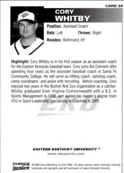 2008 Choice Eastern Kentucky Colonels #33 Cory Whitby Back