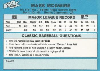 1988 Classic Blue #212 Mark McGwire Back