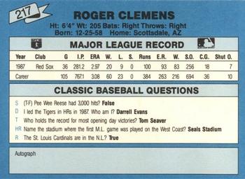 1988 Classic Blue #217 Roger Clemens Back