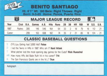 1988 Classic Blue #219 Benito Santiago Back