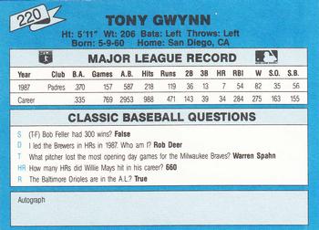 1988 Classic Blue #220 Tony Gwynn Back