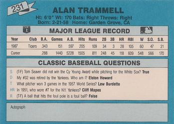 1988 Classic Blue #231 Alan Trammell Back