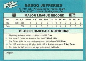 1988 Classic Blue #243 Gregg Jefferies Back