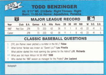 1988 Classic Blue #245 Todd Benzinger Back