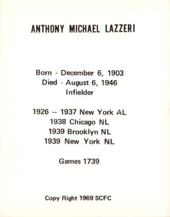 1969 Sports Cards for Collectors Series 2 #38 Tony Lazzeri Back