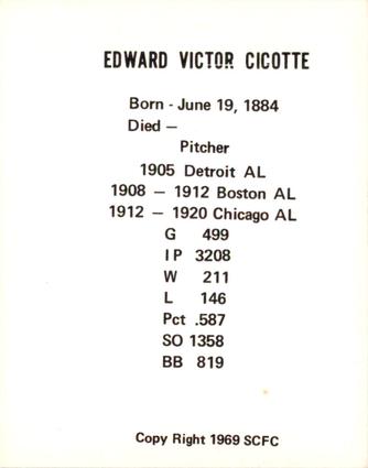 1969 Sports Cards for Collectors Series 2 #45 Eddie Cicotte Back
