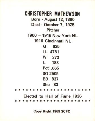 1969 Sports Cards for Collectors Series 2 #51 Christy Mathewson Back
