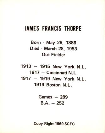 1969 Sports Cards for Collectors Series 2 #55 Jim Thorpe Back