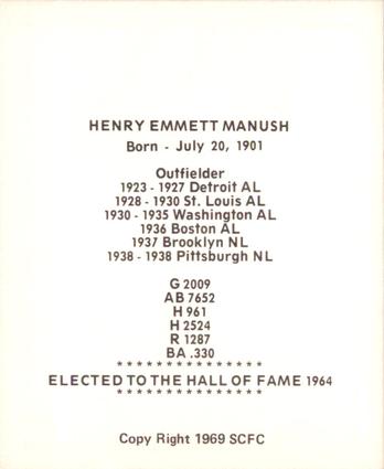 1969 Sports Cards for Collectors Series 2 #58 Heinie Manush Back