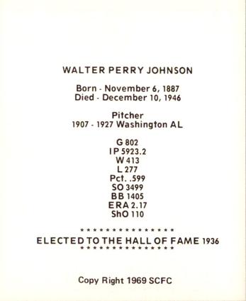 1969 Sports Cards for Collectors Series 2 #65 Walter Johnson Back