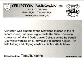 1996 Grandstand Zanesville Greys #3 Cerleston Bargman Back