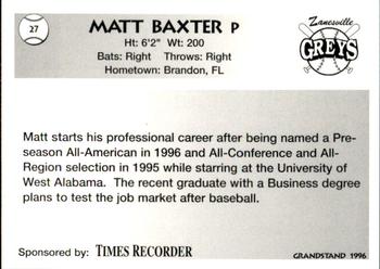 1996 Grandstand Zanesville Greys #4 Matt Baxter Back