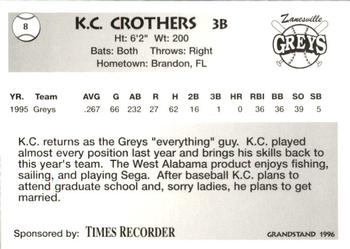 1996 Grandstand Zanesville Greys #8 K.C. Crothers Back