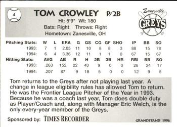 1996 Grandstand Zanesville Greys #9 Tom Crowley Back