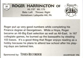 1996 Grandstand Zanesville Greys #12 Roger Harrington Back