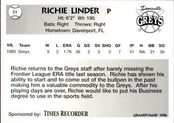 1996 Grandstand Zanesville Greys #16 Richie Linder Back