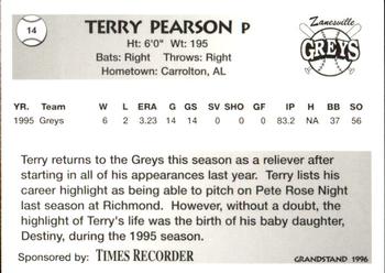 1996 Grandstand Zanesville Greys #18 Terry Pearson Back