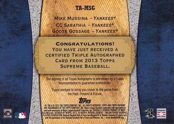2013 Topps Supreme - Triple Autographs #TA-MSG Mike Mussina / CC Sabathia / Goose Gossage Back