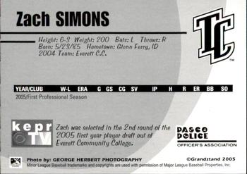 2005 Grandstand Tri-City Dust Devils #2 Zach Simons Back